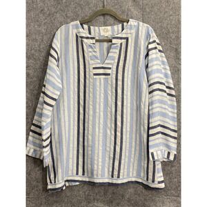 Pomegranate Blue‎ White Stripe Linen Tunic Coastal Resort Style Boho Minimalist